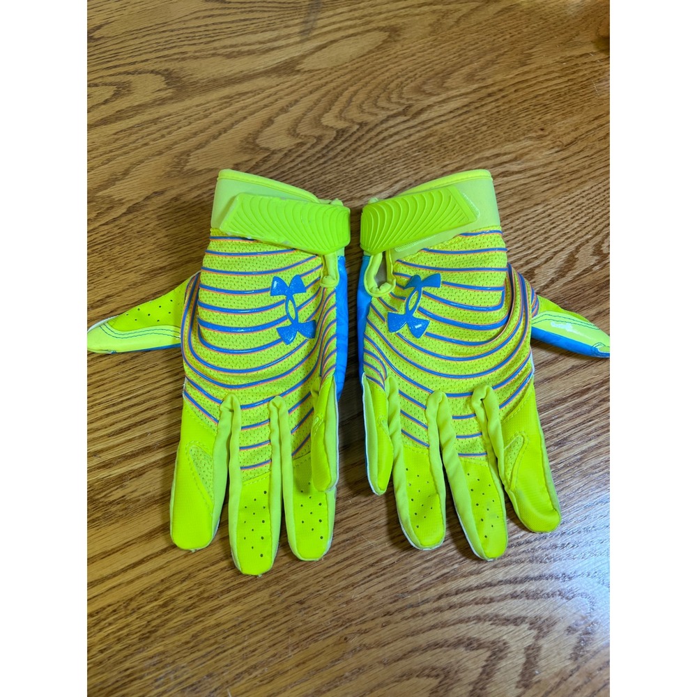 Under Armour Football Gloves Lime Green Blue Striped Grippy Palms UA Mens Youth